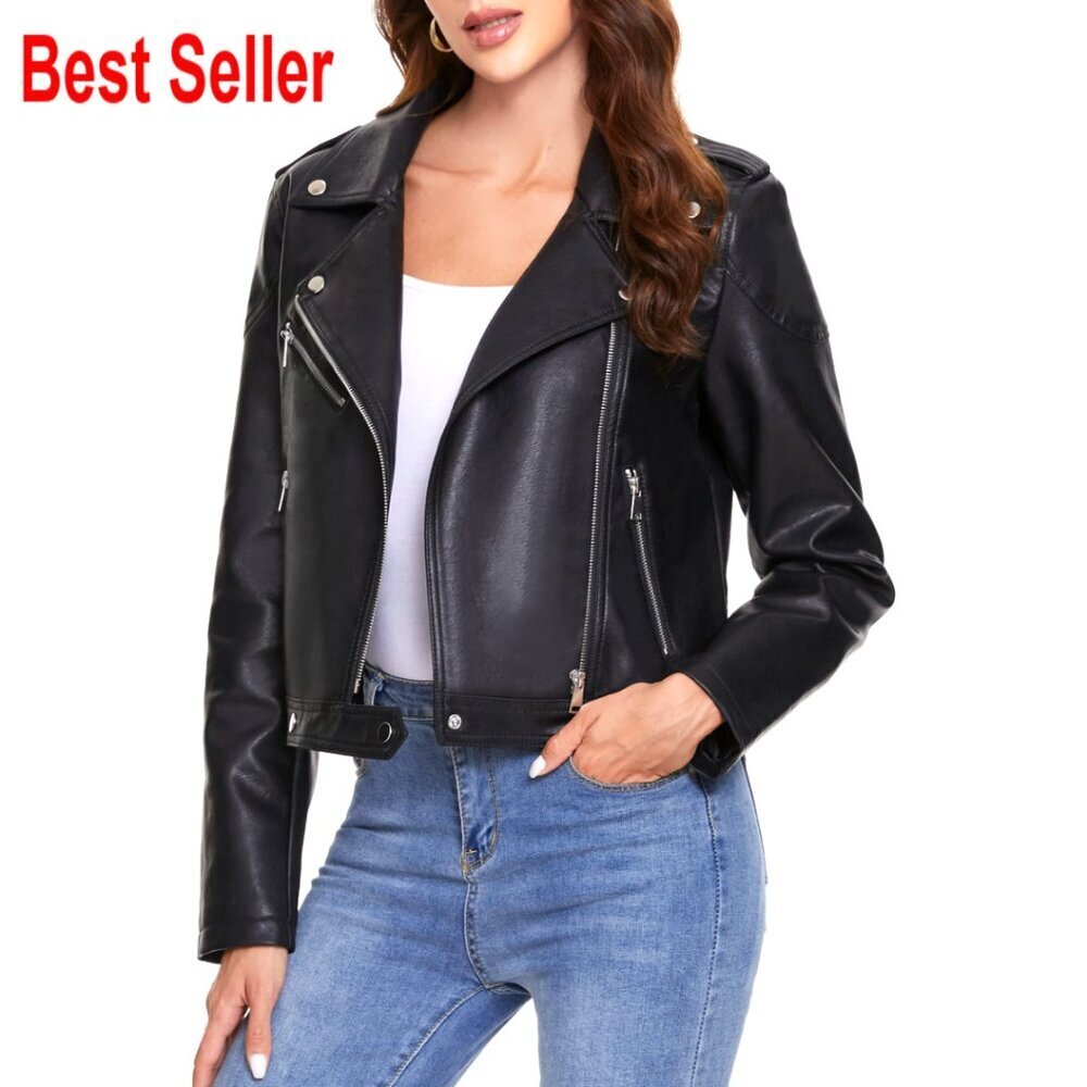 Faux Leather Motorcycle Jacket, Zip Up Slim Fit Biker Coat